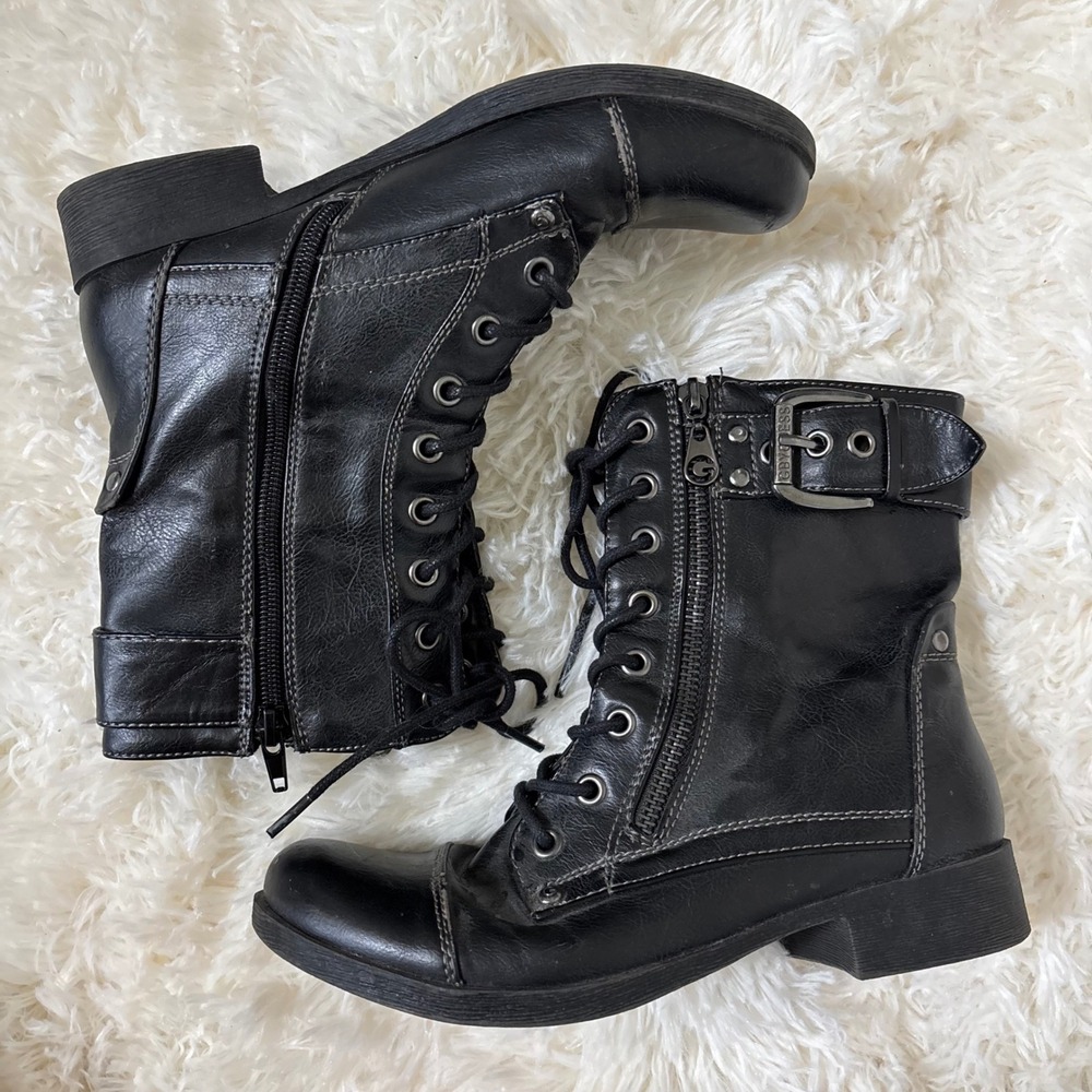 G by GUESS Black Combat Boots Lace Up Side Zip Buckle Leopard Print Lining 6M